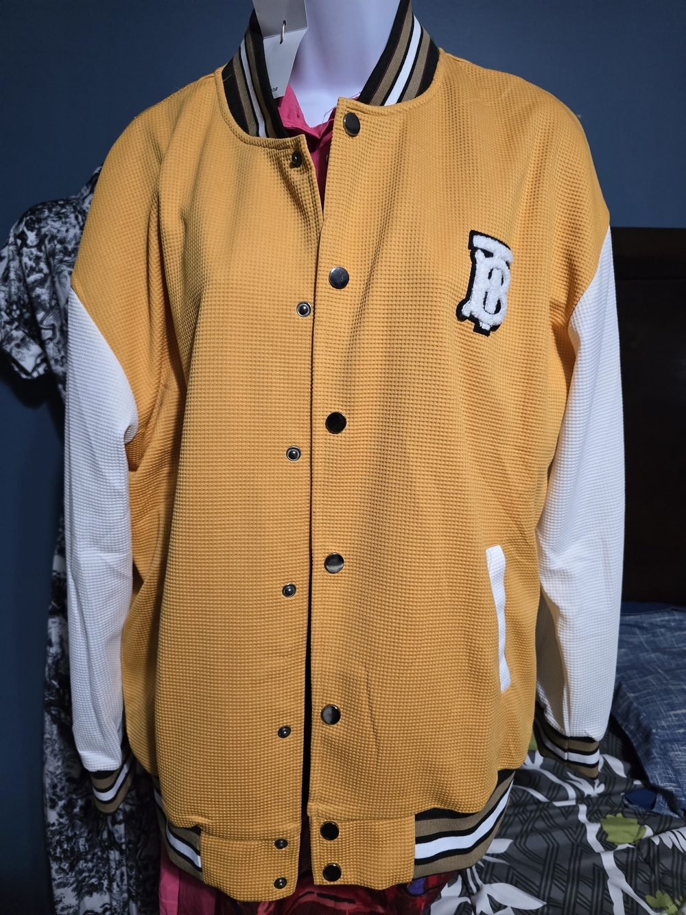 Yellow and White Varsity Jacket with Embroidered Patch